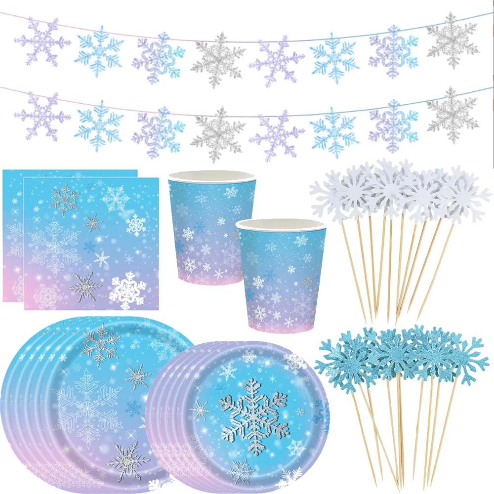 Snowflake Party Decorations Snow Freeze Girls Birthady Tableware Set Paper Plate Napkin for Anniversaire Christmas Party