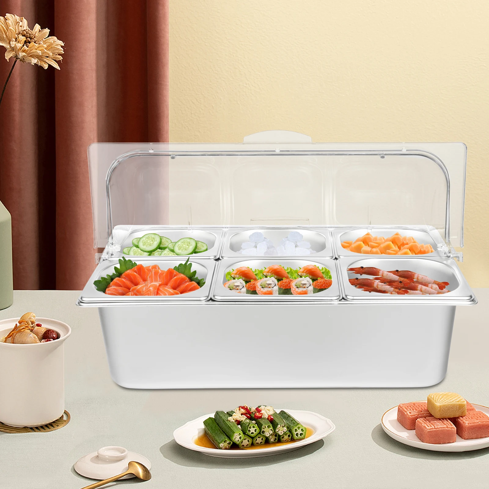 

BYMAOCAR Salad Bar Buffet Station, Countertop Display Container, Stainless Steel Food Serving Tray for Parties Buffet Condiment