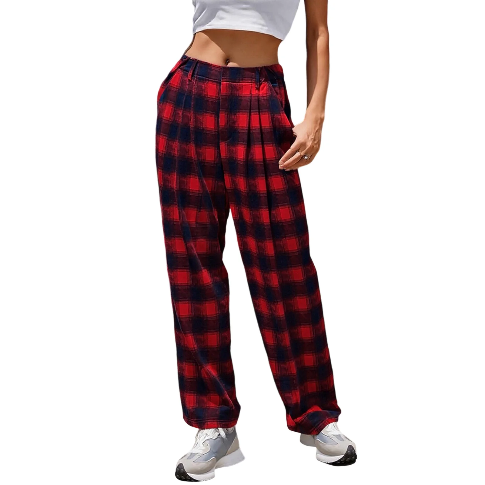 سراويل نسائية كاجوال واسعة الساق بخصر عالٍ منقوشة ومطبوعة بطيات أمامية سراويل فضفاضة