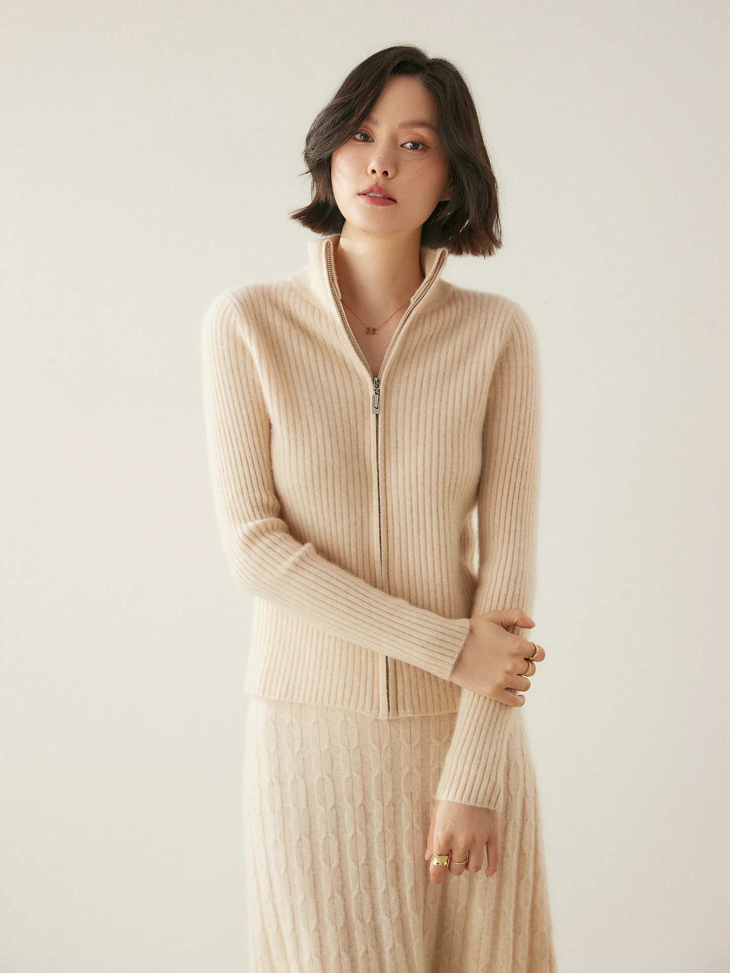 

TLOML New Chic Women 100% Cashmere Sweater Two-way Zipper Cardigan Turtleneck Sweater Coat Autumn Winter Slim Solid Cashmere Top