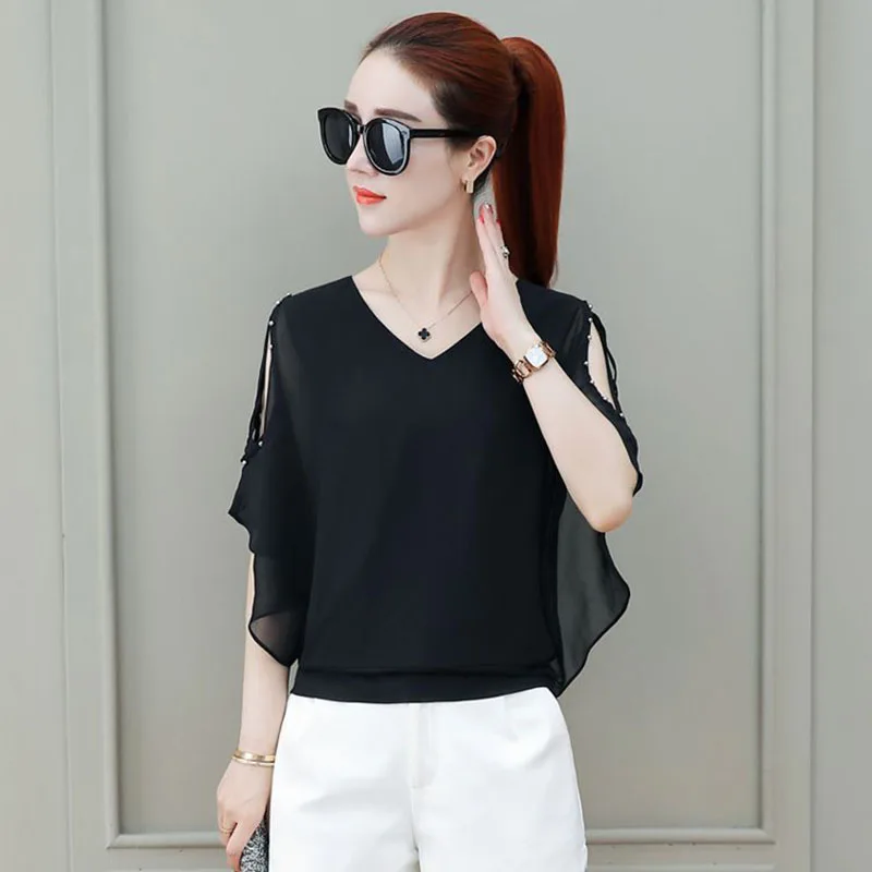 Elegant V-Neck Spliced Shirring Hollow Out Batwing Sleeve Blouse Women\'s Clothing 2023 Summer New Casual Pullovers Beading Shirt