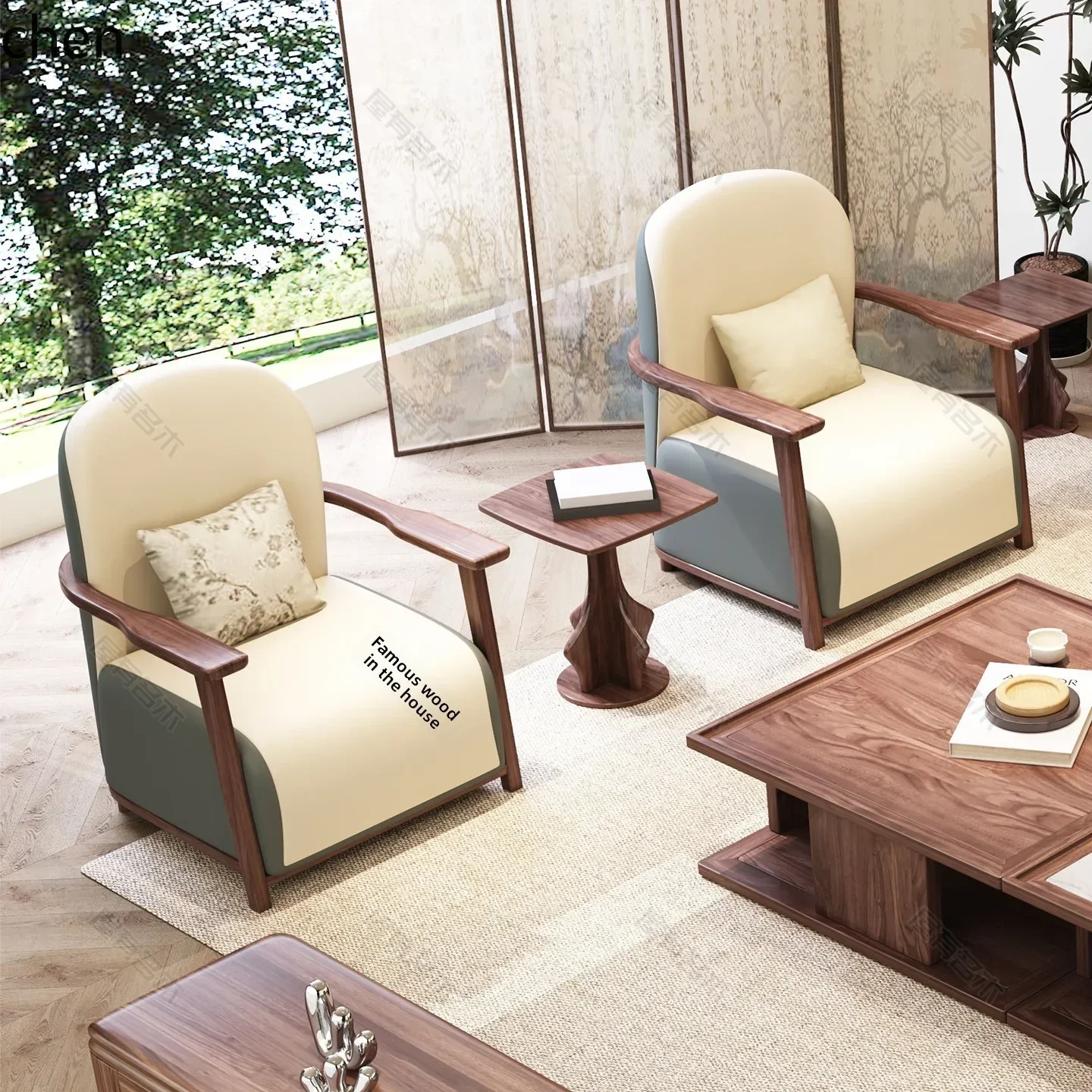 DSAblack walnut sofa chair leather solid wood chair home reception room balcony leisure chair