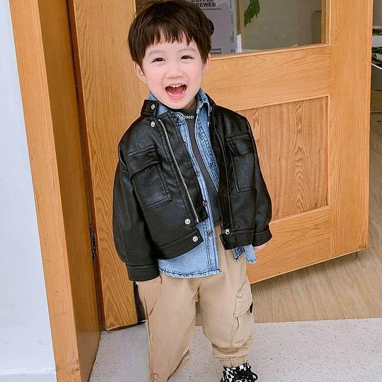 New 2024 Boys\' PU Leather Toddler Jacket Baby Boy Spring Autumn Infant Kids Girls Motorcycle Coat Korean Style Black Outerwear