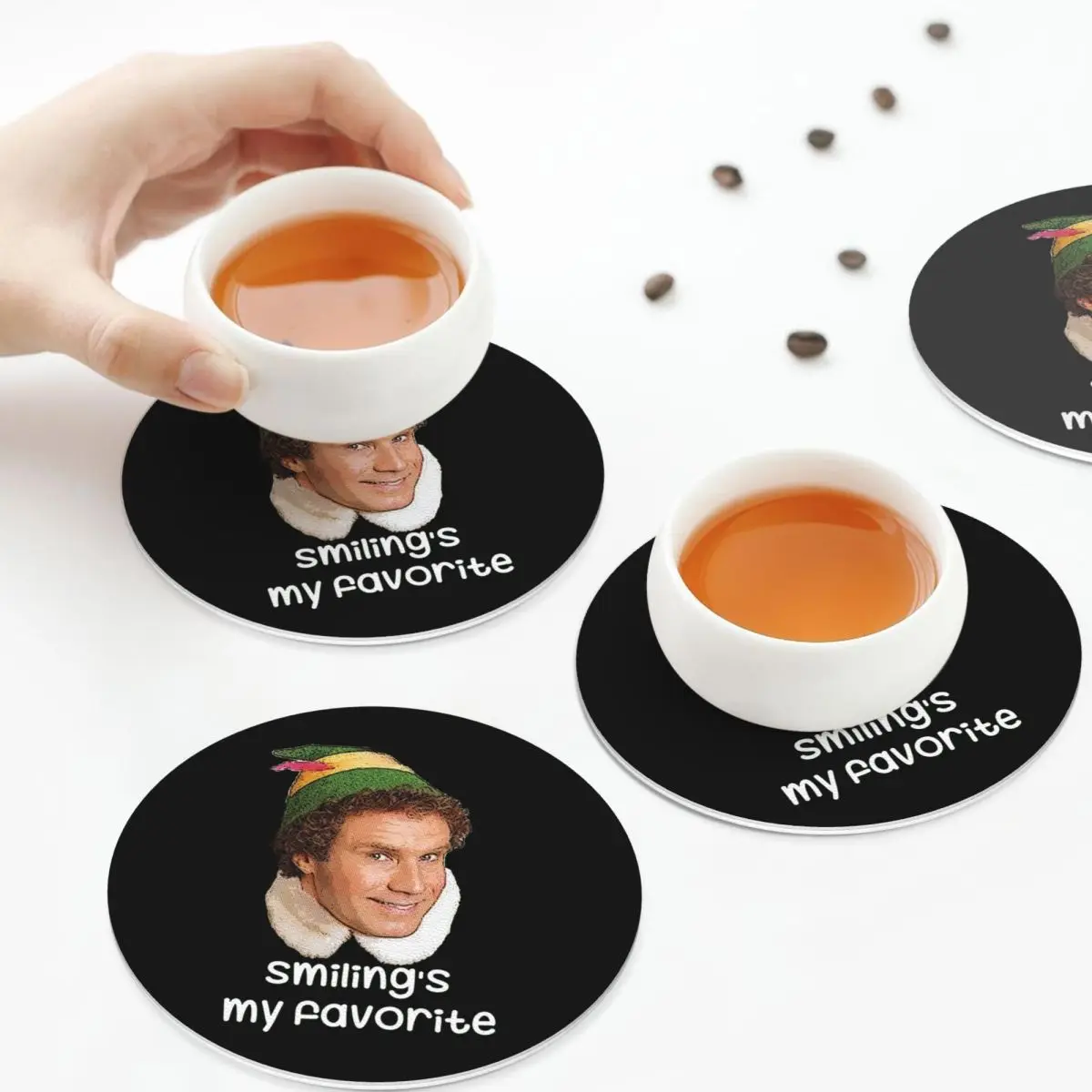 Smiling's My Favorite Buddy The Elf Movie Will Ferrell Coasters PVC Leather Placemats Coffee Mats for Decor Dining Pads Set of 6