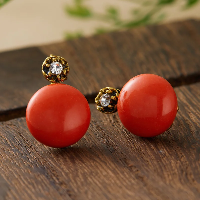 زوج من الأقراط المرجانية الحمراء مع فوانيس دائرية على الطراز الفني القديم، أقراط هندسية للسيدات هدية للأم