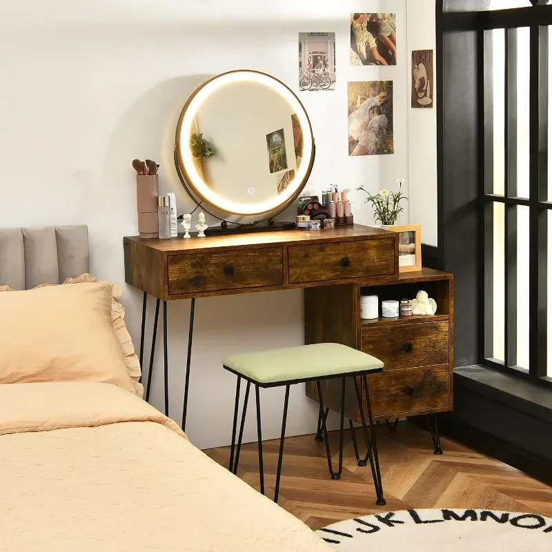 DORTALA Vanity Set, Wooden Makeup Dressing Table with Colors Lighted Mirror & Stool,Left or Right Side Cabinet,Lipstick Storage
