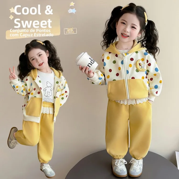 女の子用パーカーセット-春秋-可愛いおしゃれベビー服-上下セット-通気性抜群-快適な漫画柄刺繍