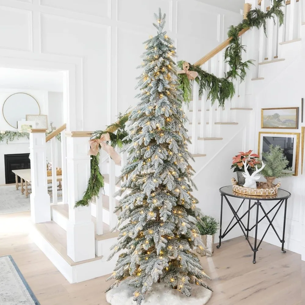 

Artificial Christmas Tree 9ft Pre-Lit Flocked Pencil Spruce with 470 Warm White Lights and Sturdy Metal Stand Party Decoration