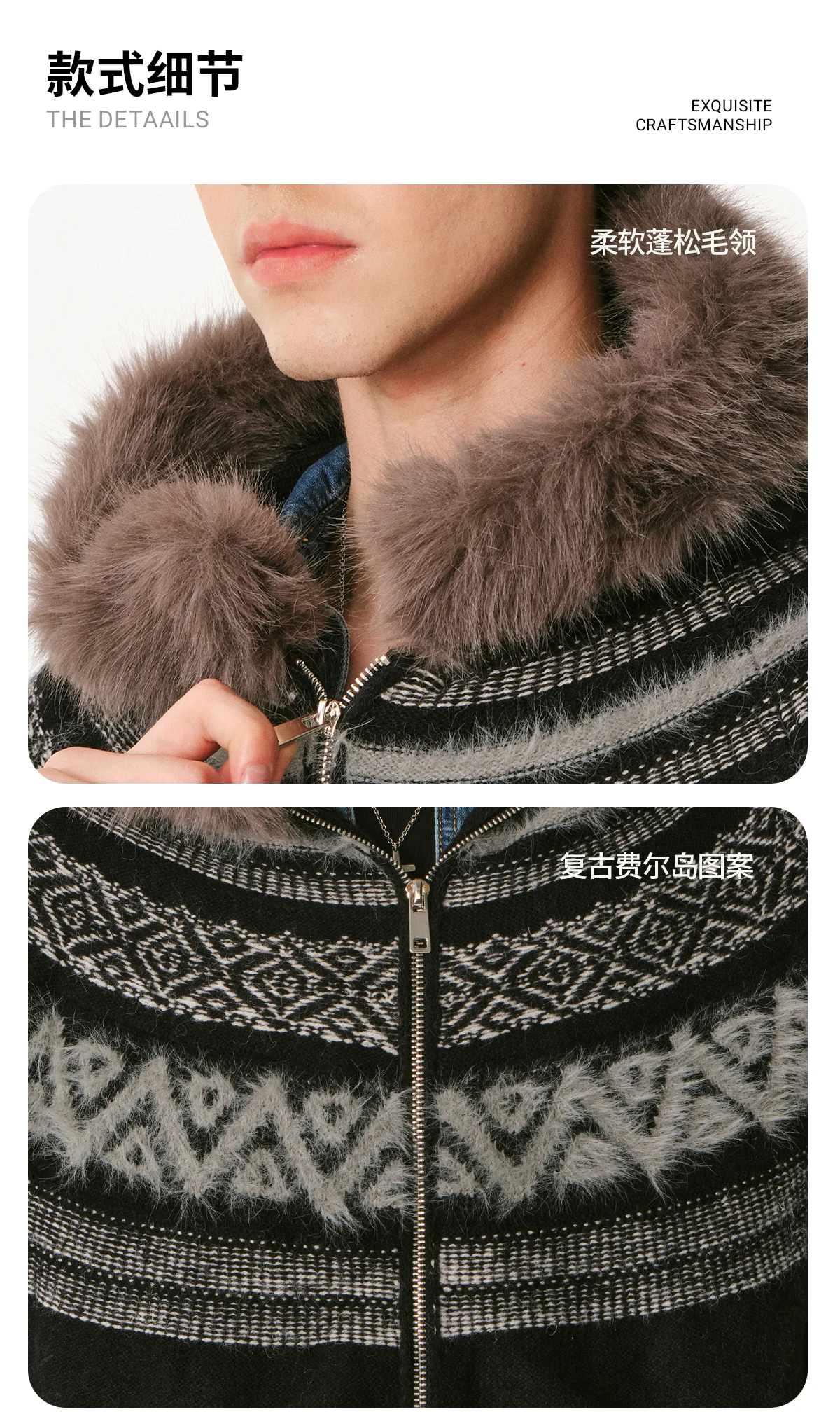 American Retro Fur Collar Cardigan Autumn Winter Warm Loose Hooded Knitted Jacket Unisex Couple Style