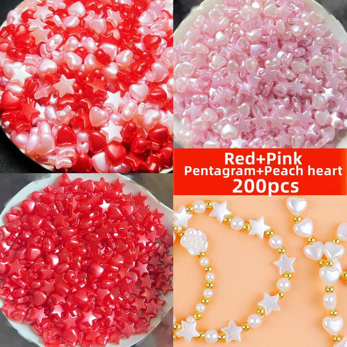 200pcs  Pink And Red Color 10mm Pentagram 9mm Peach Heart Mixed Style Beads For Jewelry Making Dly Couple Bracelet Necklace