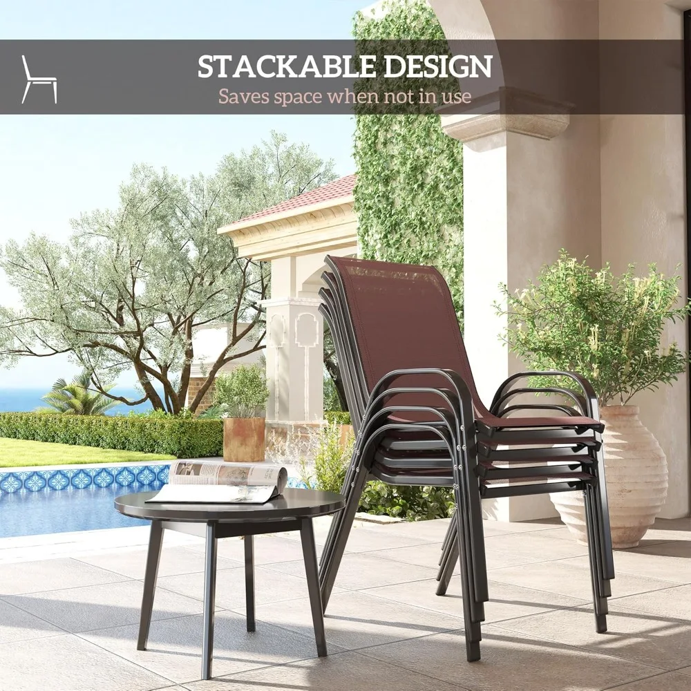 مجموعة كراسي تناول الطعام في الهواء الطلق مكونة من 4 قطع، كراسي تناول الطعام في الفناء قابلة للتكديس، وكراسي فناء خارجية عالية الظهر مع مقعد شبكي مسامي