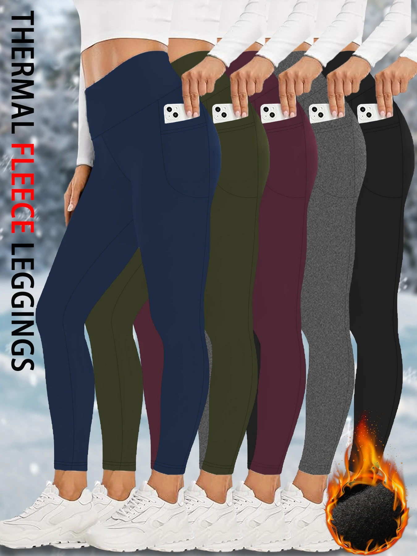 

5 PACK Womens Thermal Fleece Lined High Waisted with pockets Leggings, Workout Winter Warm Thick Tights Soft Yoga Running Pants