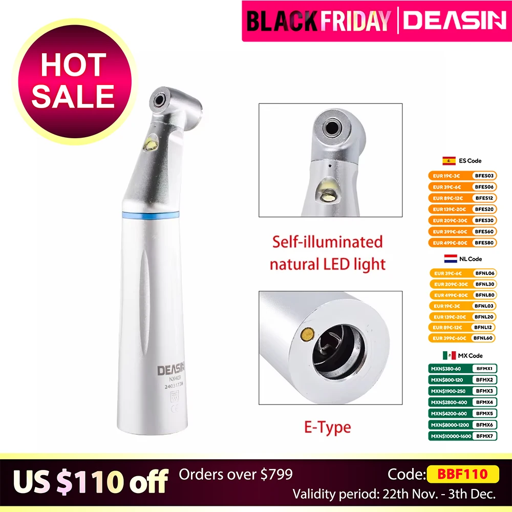 DEASIN Dental E-Type LED Light 1:1 Ratio Contra Angle E-generator Low Speed Handpiece Inner Water Spray Handpiece dentistry