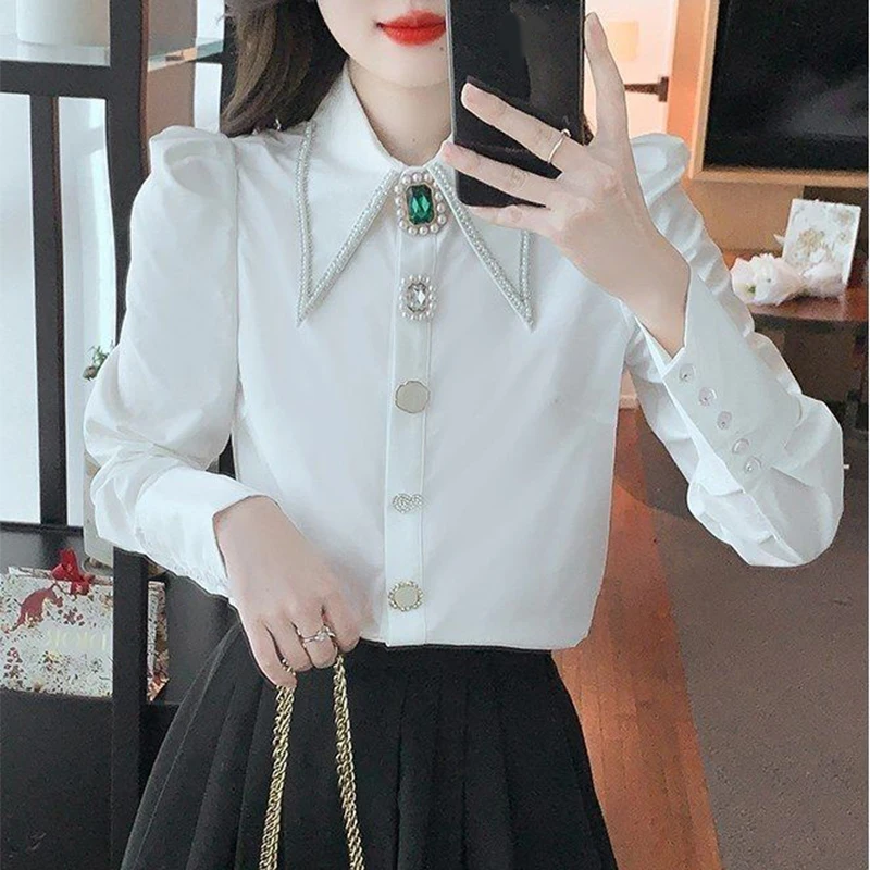 Fashion Crystal Button White Shirts for Women Korean Sharp Corner Collar Long sleeve Blouse Elegant Temperament Office Blusas