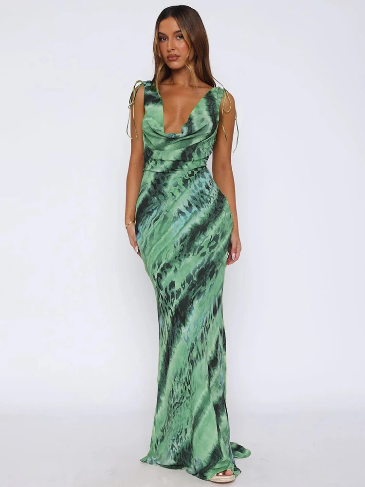 VC Artful Green Tie-Dye Abito lungo senza maniche con collo ad anello per abito da festa estivo in giardino
