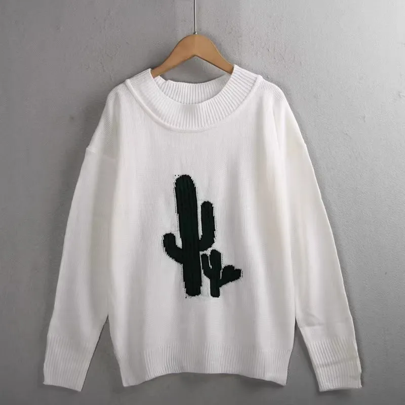 

5, простой цветной вязаный свитер с изображением кактуса, круглый пуловер Ne, осень-зима, женский модный повседневный длинный трикотаж све