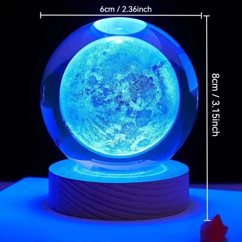 1pc 3D Moon laser engraving crystal ball LED night light, living room bedroom home decoration light, sleep night light, for frie