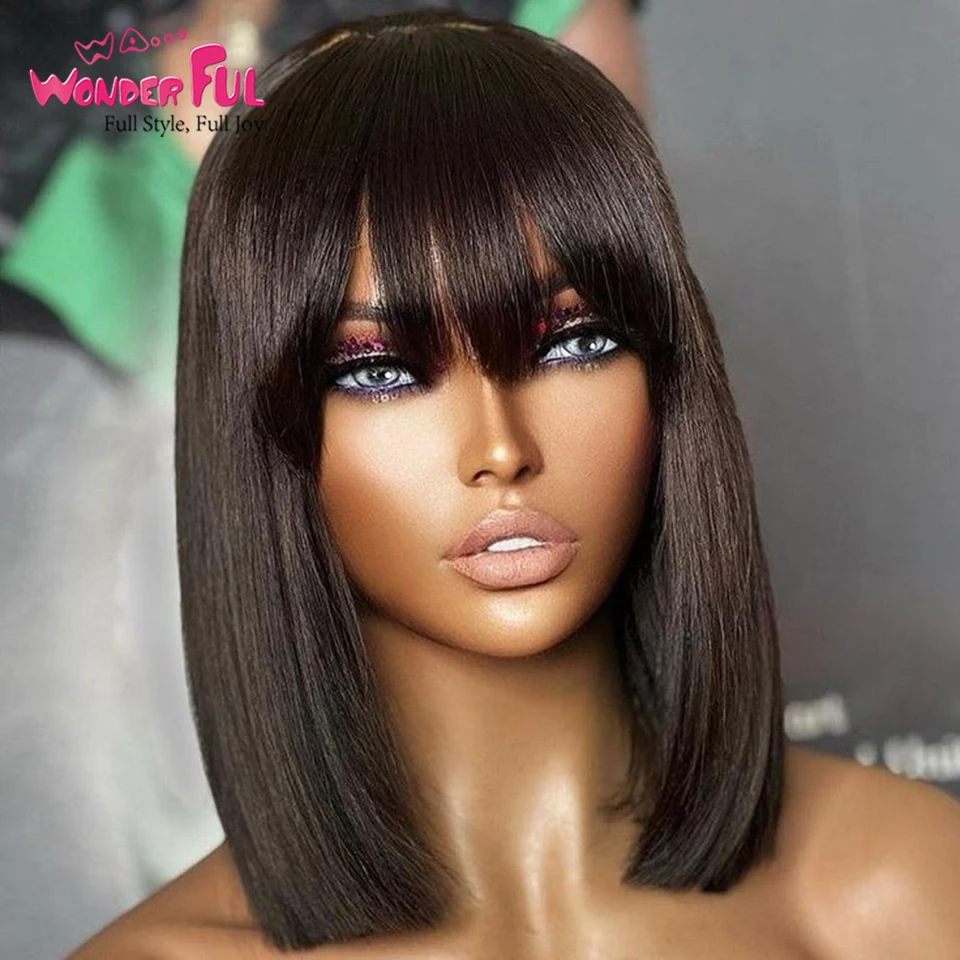 Short Straight  Bob Human Hair Wigs with Bangs  Wigs  Brazlian Remy  Hair Nature Full Machine Made Wig for Black Women Wigs