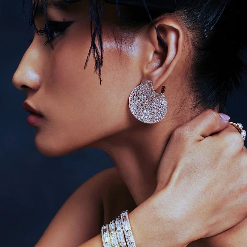 

SENYU Luxury Zircon Round Plate Big Stud Earrings Super Large Women Party Jewelry Gifts Exquisite Indian Bridal Dubai Earrings