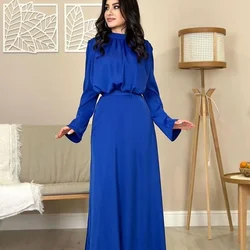 Women Satin Long Dress Female High Waist Casual Evening Maxi Dresses Summer Half High Collar Long Sleeve Party Dress Vestidos