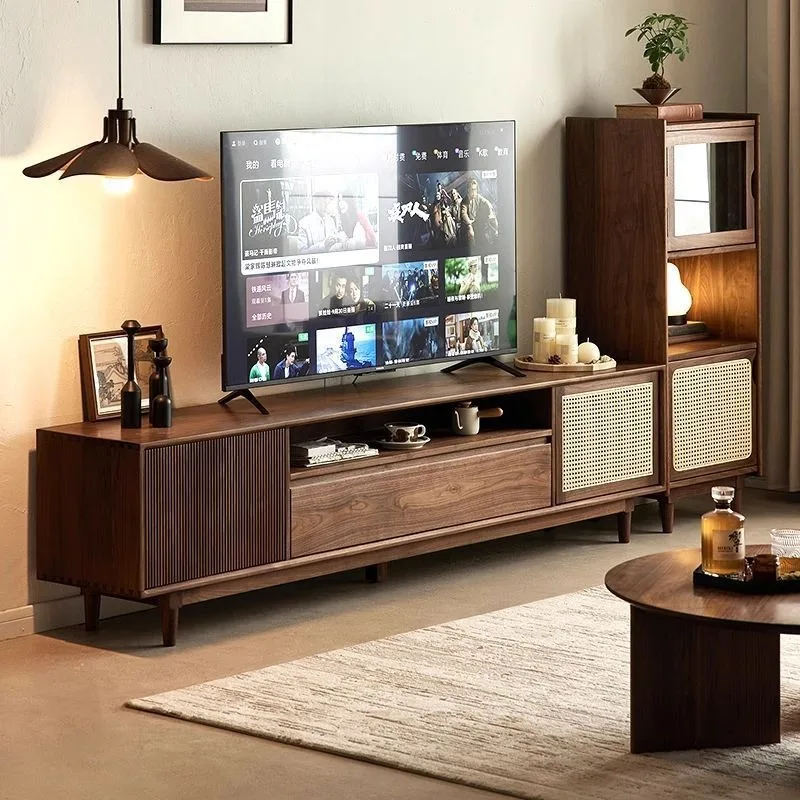 Medieval black walnut color TV cabinet coffee table combination solid wood floor cabinet