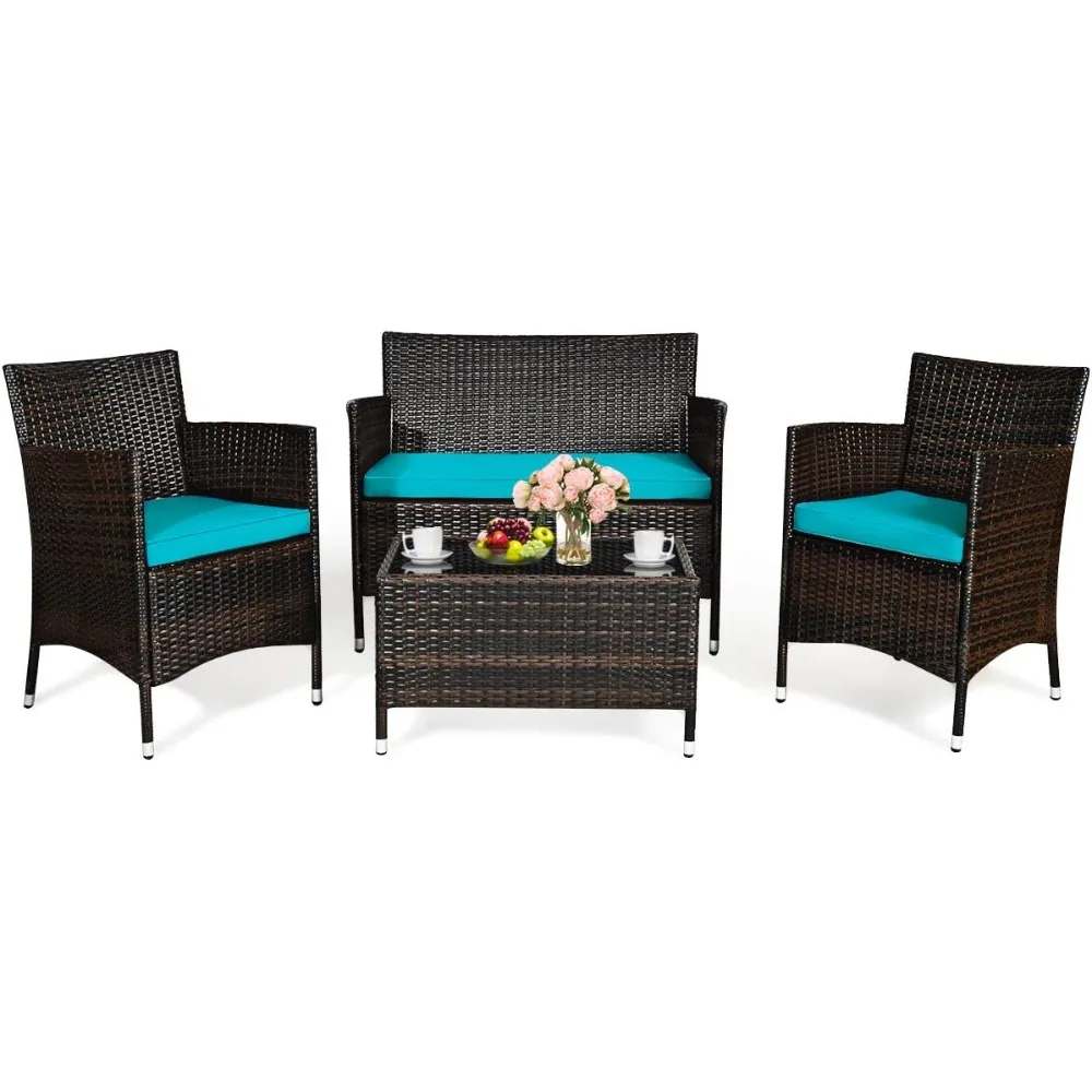 

4-Piece Rattan Patio Furniture Set, Outdoor Sofa Table Set with Tempered Glass Coffee Table, Thick Cushion, Wicker Conversation