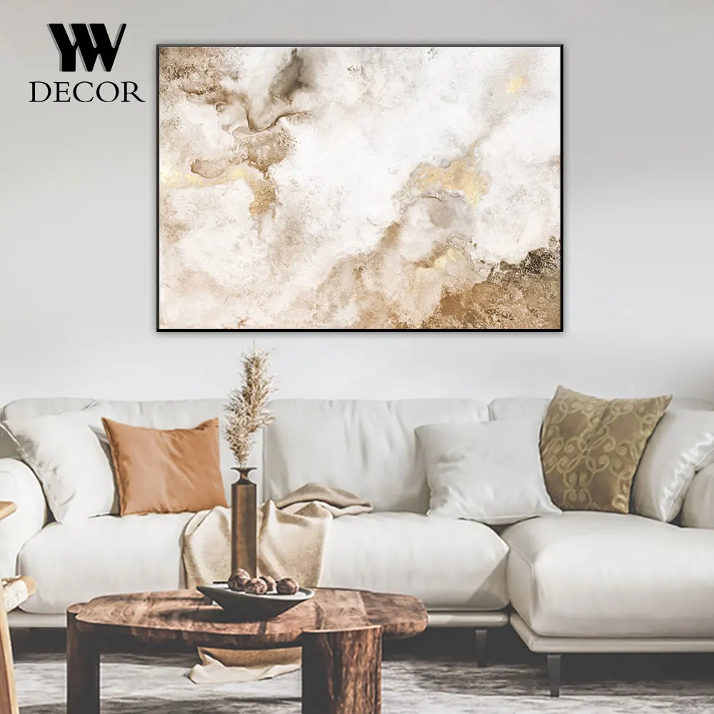 Abstract Beige Gold Marble Fluid Posters Custom Canvas Painting Wall Art Pictures For Living Room