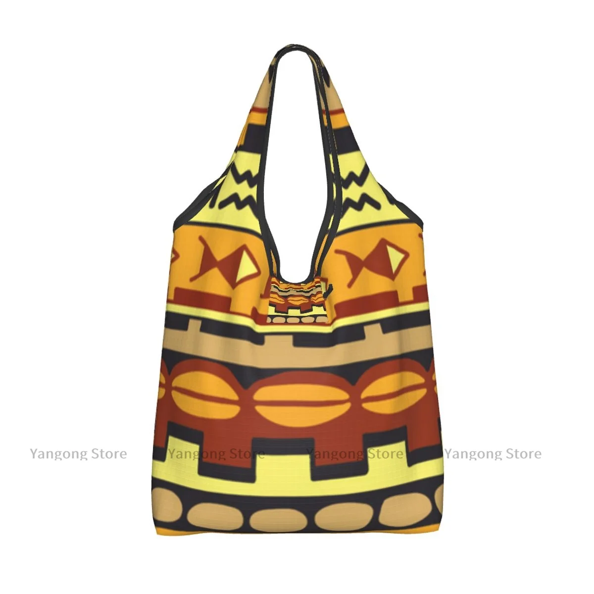 Folding Shopping Bag Ethnic African Vintage Pattern Reusable Portable Shoulder Handbag for Travel Grocery Pocket Tote