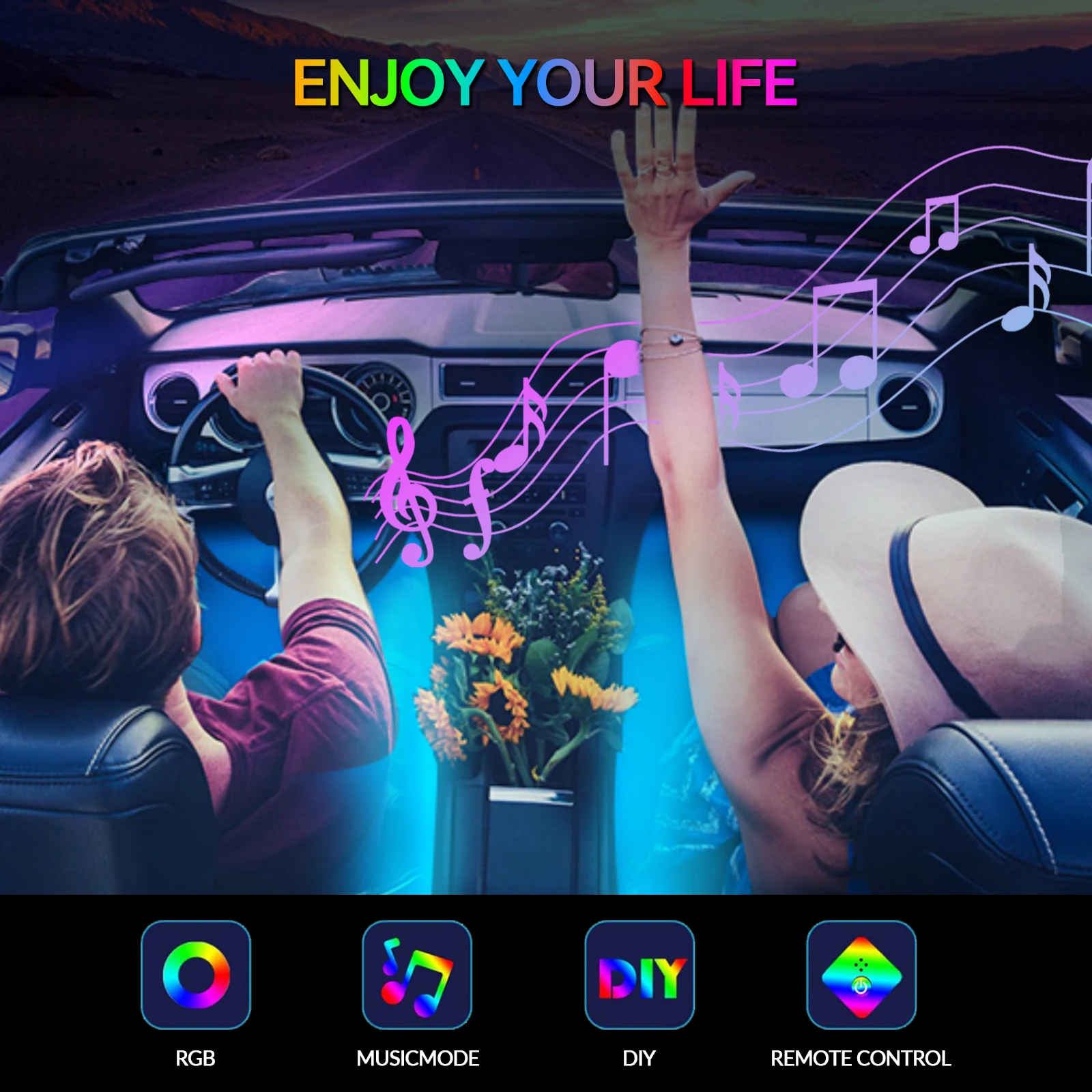 2 In 1 Car Led Strip Light App Control Interior Ambient Kit With RGB Flashing Modes USB Neon For Doors Center Console Dashboard