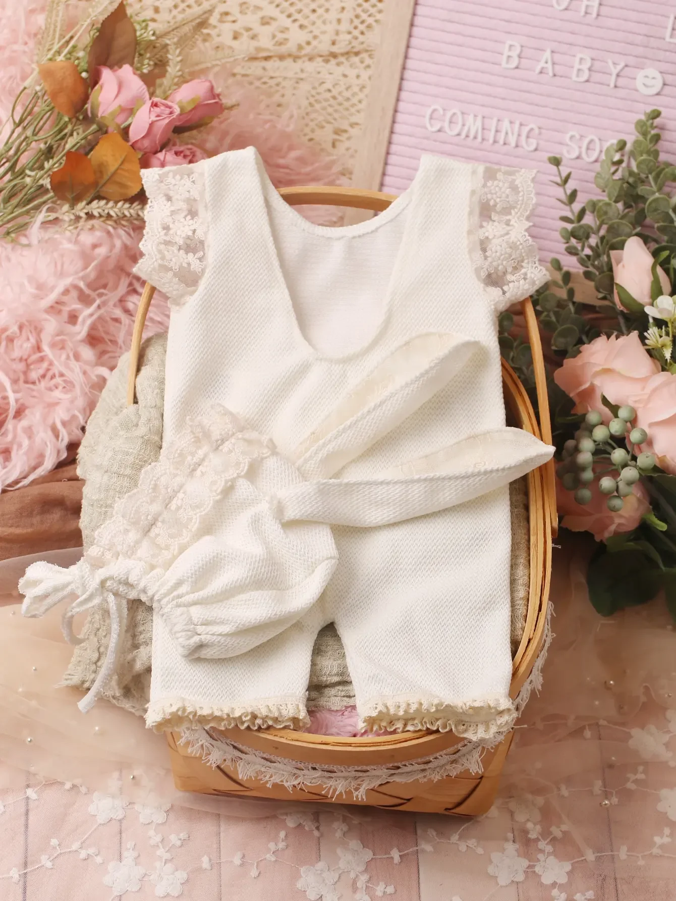 Ylsteed Newborn Easter Photography Outfits Lace Trim Rabbit Ears Hat Baby Boy Girl Photo Shooting  Jumpsuit Short Sleeve Romper