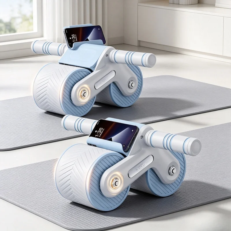 Auto Rebound Double Wheel Ab Roller with Phone Holder, Non-Slip Abdominal Core Trainer for Beginner Home Workout