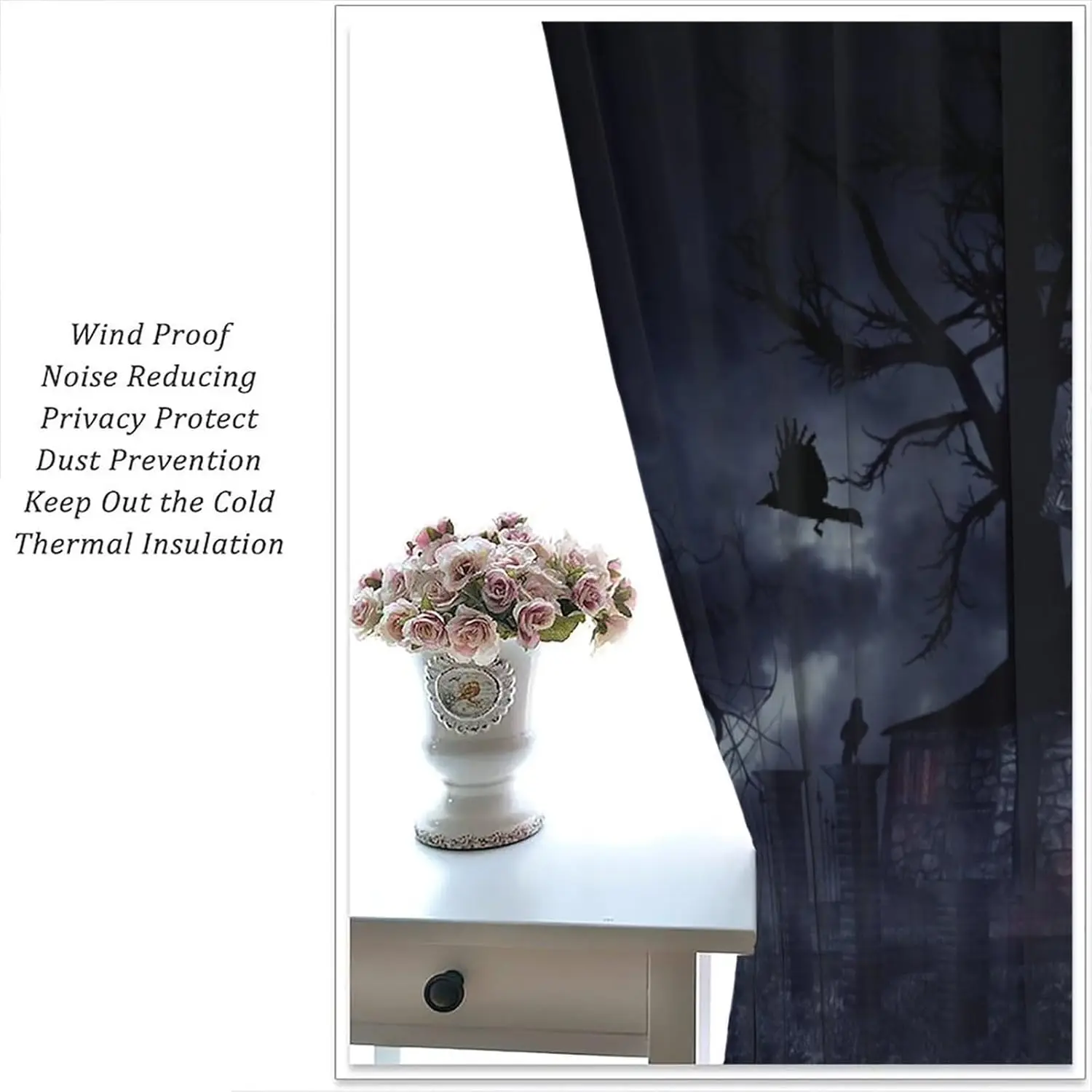 ستائر قوطية، غراب الغابة الداكنة، معالجات نافذة الغراب الأسود لغرفة النوم وغرفة المعيشة والمطبخ وستائر نافذة الهالوين الرعب #5