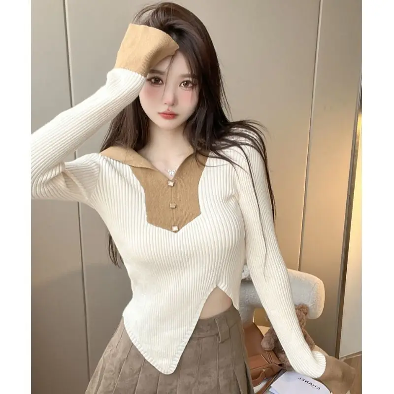 Women Clothing Spring Autumn Fashion Korean Simplicity All-match Button Color Blocking Turn-down Collar Knitting Long Sleeve Top