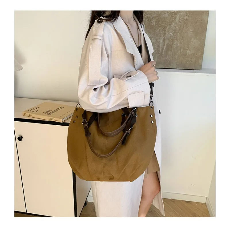 Women Tote Bag Canvas Material Women Tote Bag Detachable Wide Strap Rivet Decor Handbag Outdoor Travel Large Capacity Shoulder