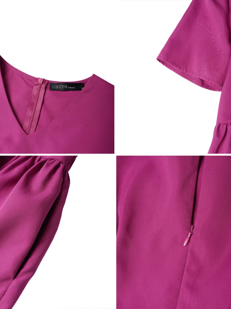 فساتين حفلات ميدي أنيقة للنساء موضة قصيرة الأكمام منتفخة ورقبة على شكل حرف v خصر مناسب للنساء على شكل حرف a فستان ZANZEA ملابس ضيوف الزفاف