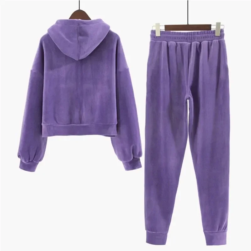 Women Velvet Tracksuit Zipper Hooded Sweatshirt and Sweatpants Solid Color 2 Piece Set Autumn Winter Warm Casual Female Suit