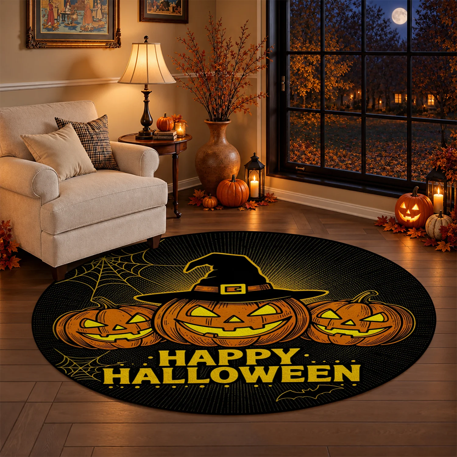 Halloween Pumpkin Witch Hat Spider Web Pattern Round Velvet Rug, Machine Washable, Suitable for Living Room, Bedroom, Entryway, Dining Area, Ideal for Halloween, Thanksgiving, Christmas, New Year, Black Friday Home Decor