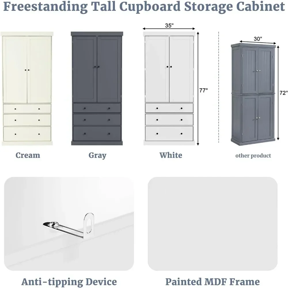 77Inch High Farmhouse Kitchen Pantry, with 3 Adjustable Shelves, 8 Door Shelves, 3 Drawers for Kitchen, Dining Room