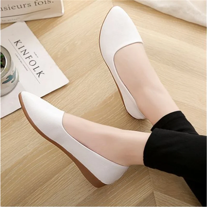 Women\'s Shoes Elegant Flat Shoes Professional Ladies Pointed Toe Fashion Pumps For Woman Office Black White Work Leather Shoes