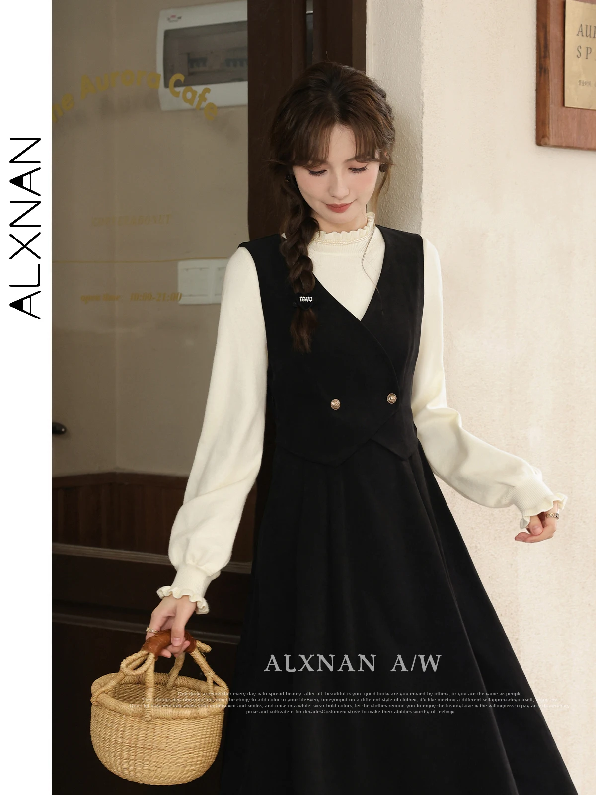 

ALXNAN Black V-neck Sleeveless Midi Dress 2024 Autumn Winter Comfort Casual Solid Straps Dresses New Woman Clothing L330106