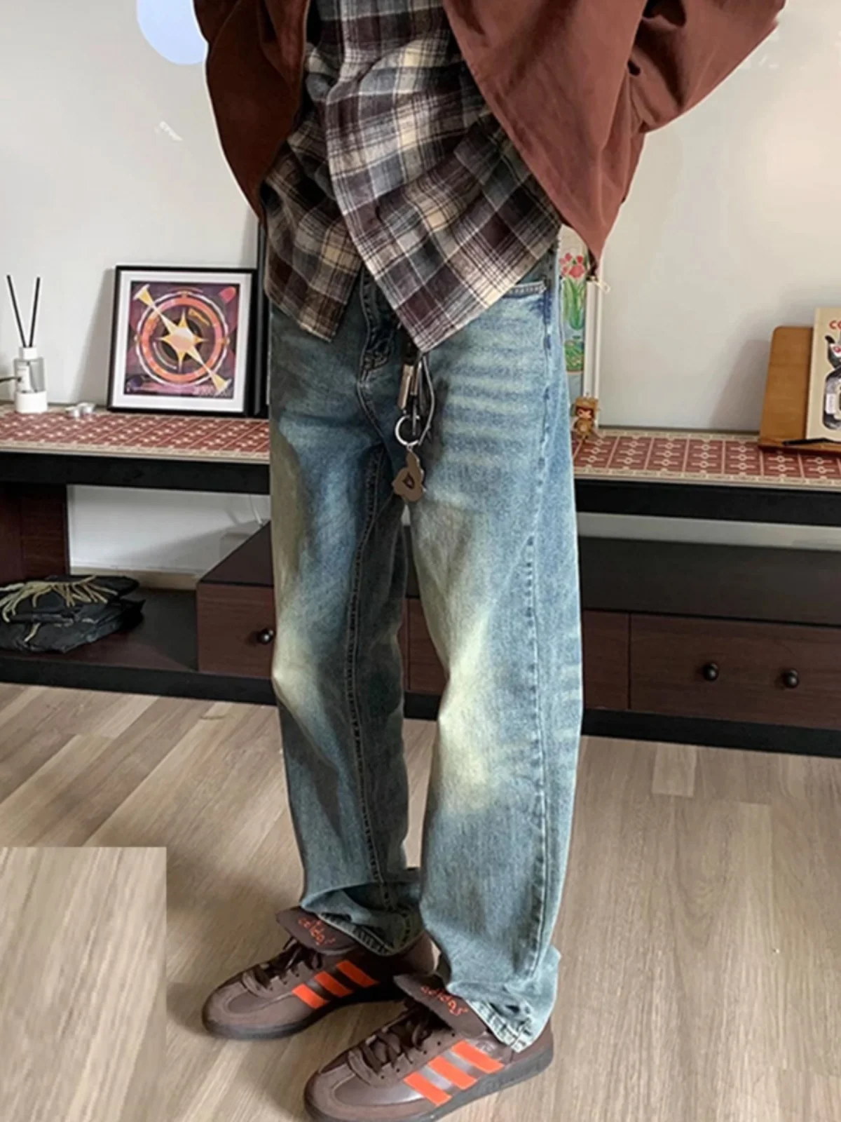 

Мужские джинсы с флисовой подкладкой, прямого кроя, в винтажном американском стиле, зимние, теплые, утолщенные, повседневные, прямые, длинные брюки