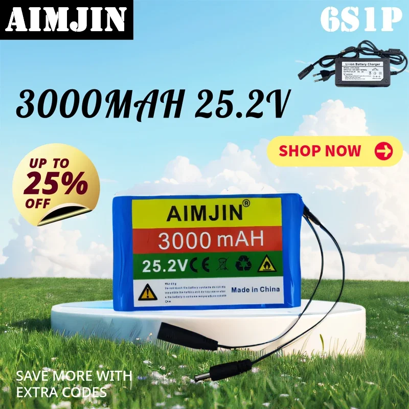 

New 6S1P 25.2V 18650 3000mah Battery for Night Fishing Light, Electric Bicycle, Scooter, Toy, Drill Bit with BMS + Charger