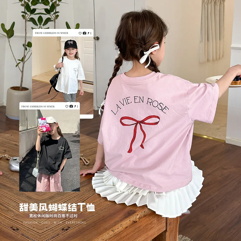 

Children Clothingkids Casual Sweet T Shirt 2024 Summer Short-sleeved Girls Korean Style Wide Loose Back Bow Cute Kids T-shirt