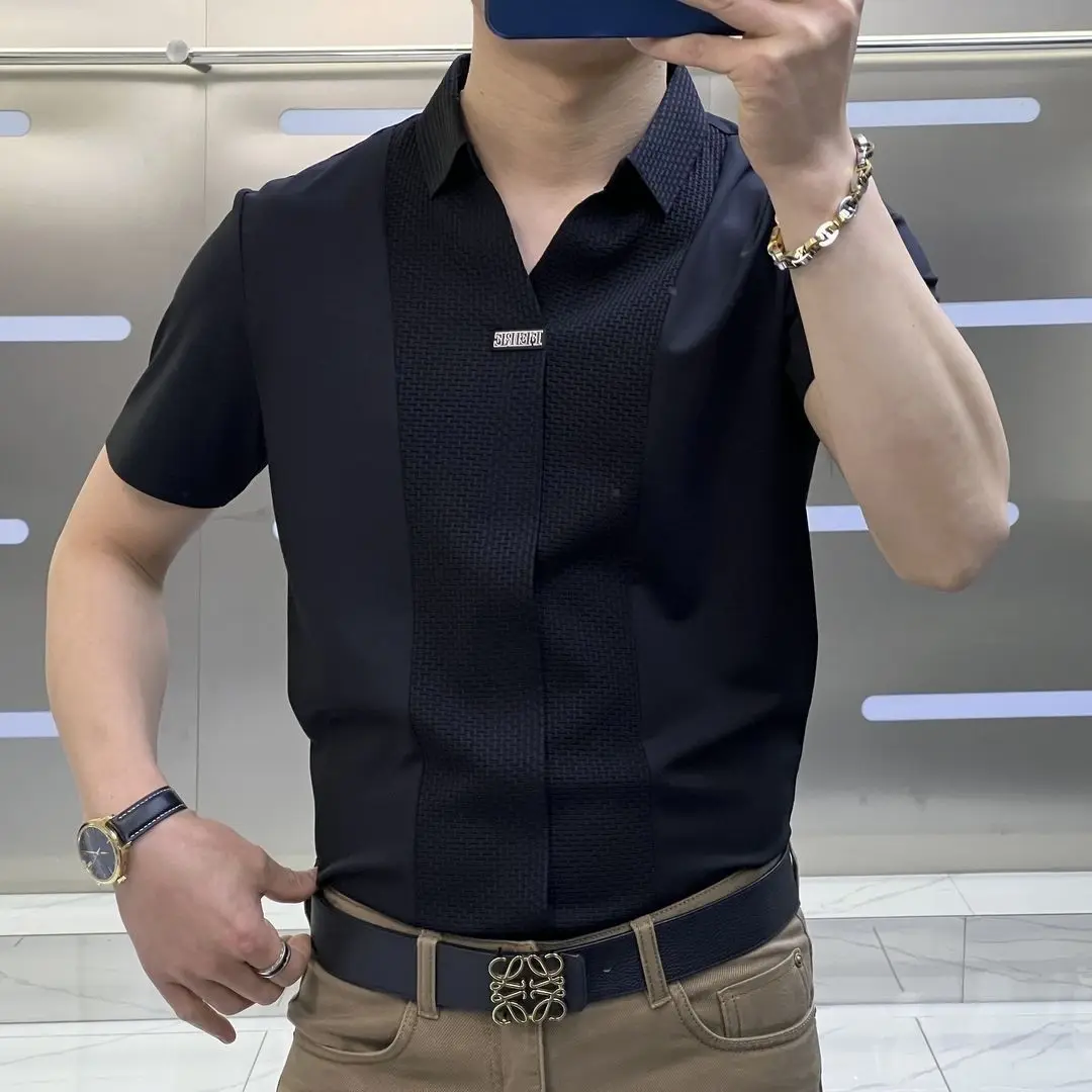 High end ice silk short sleeve shirt men in summer hollow out elastic breathable T-shirt Fashion solid casual brand clothes