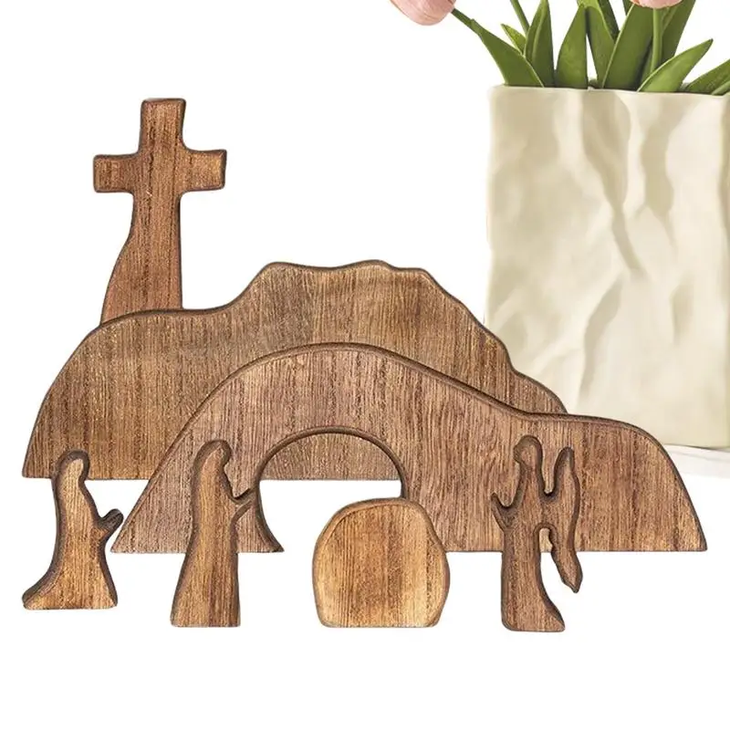Conjunto de escenas de resurrección de Pascua, adorno de mesa festivo, decoración de mesa cristiana, estatua de tumba vacía de madera para el hogar