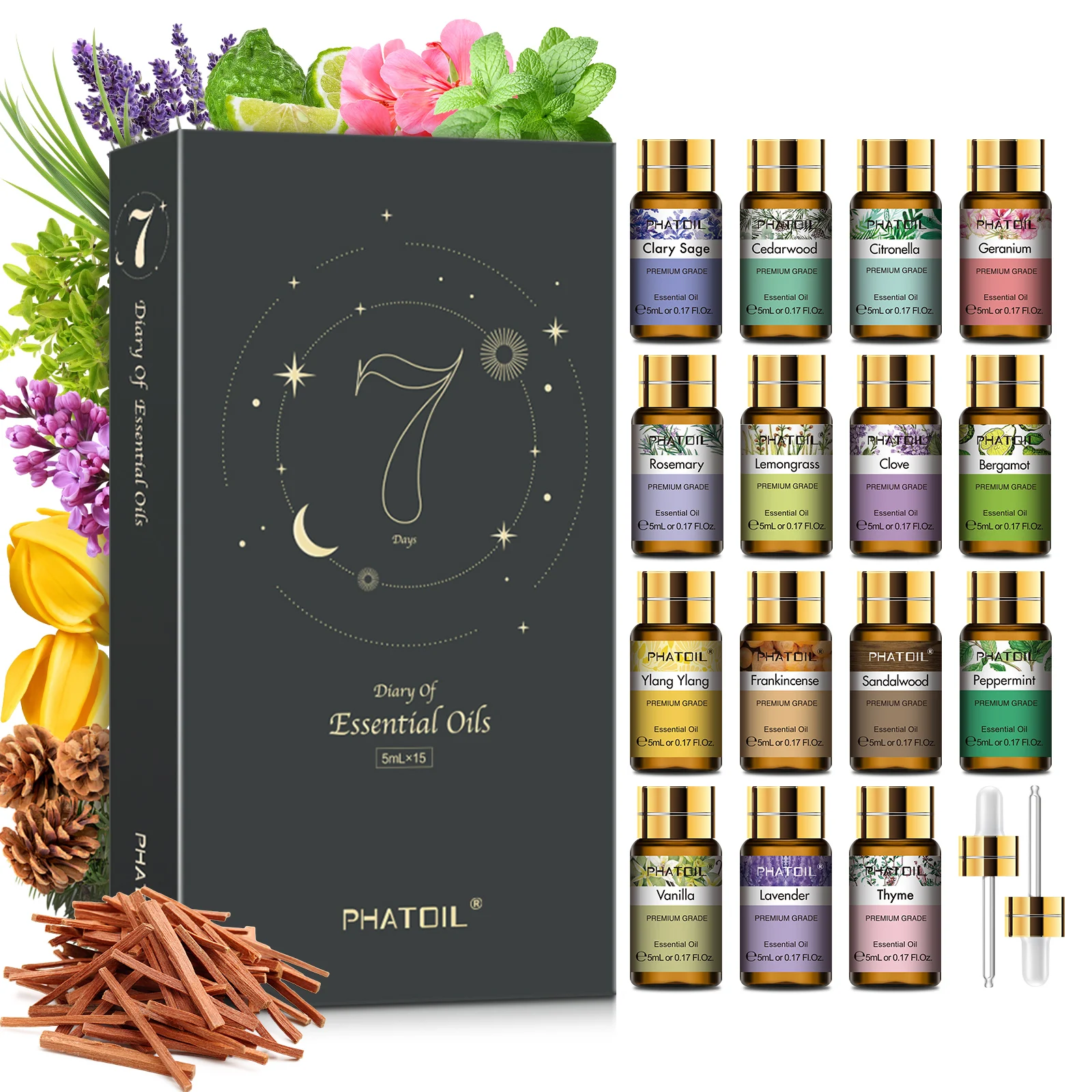 PHATOIL 15 Bottles Essential Oil Set For Candle Making Diffuser-5ml Lavender Vanilla Lemongrass Sandalwood Aroma Essential Oils