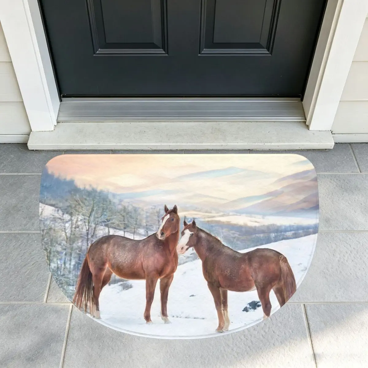 Horses With Snow And Sunset Hills Soft Flannel Half Round Doormat Non Slip Bathroom Mat Absorbent Floor Carpet for Garage