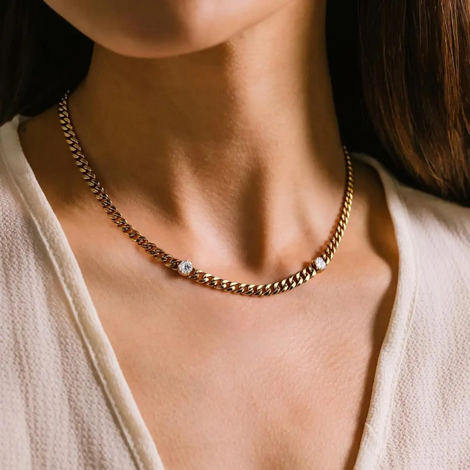 Iced Out Cubic Zirconia Cuban Link Chain for Men Women, Gold Silver Plated Stainless Steel Curb Chain, Non-Tarnish  Jewelry Gift
