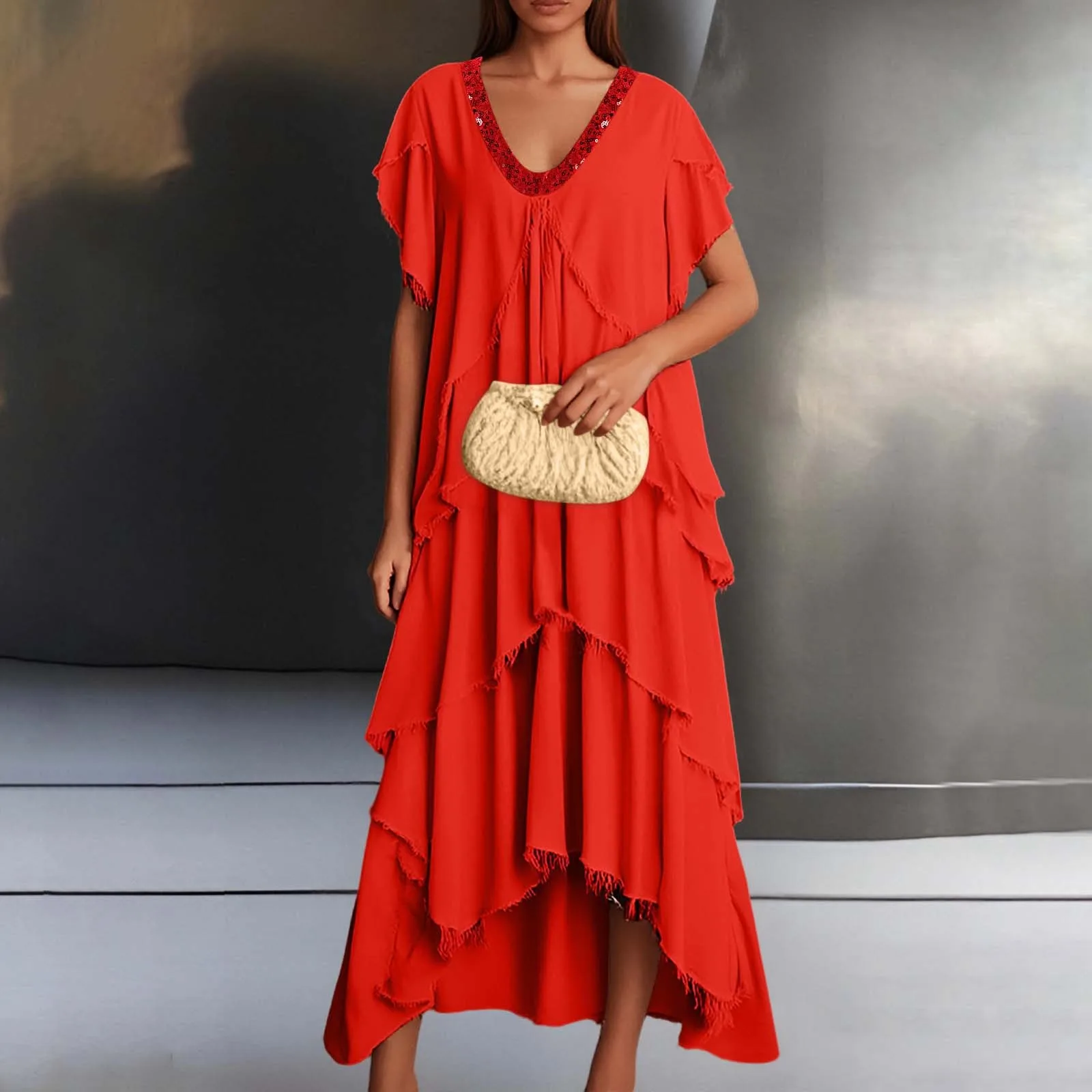 

Ladies Elegant V-neck Cake Long Dress Spring Solid Ruffle A-Line Party Dress Summer Short Sleeve Women Pullover Dresses Vestidos