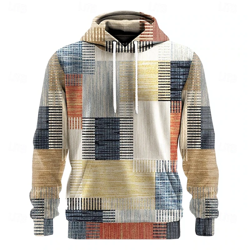 Men's Stylish Autumn Winter Hoodie Long-Sleeve Pullover with Vintage-Style Distressed Plaid Print and Panel Detailing Loose Fit
